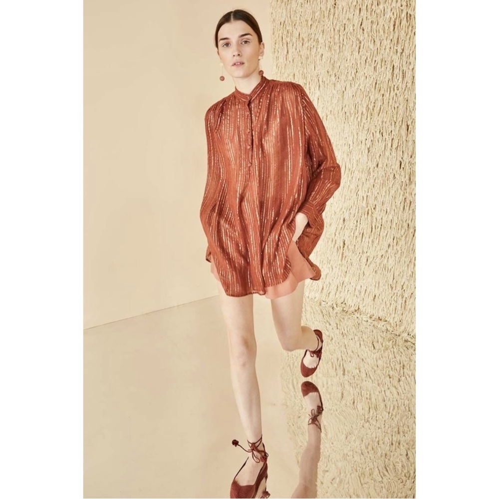 Ulla Johnson Momo Tunic - Brown Metallic Striped Button Up Shirt Blouse
